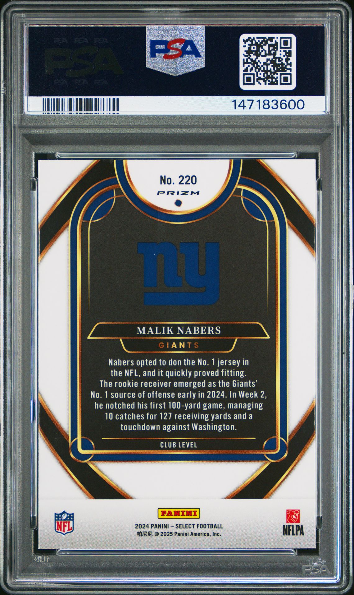 2024 Panini Select Malik Nabers #220 (Black & Green Shock) Mint 9 back