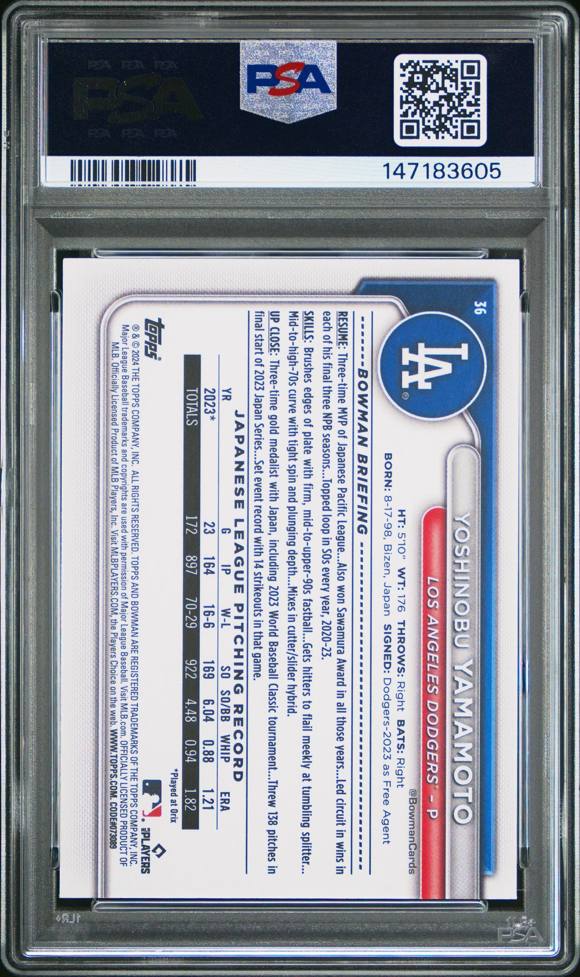 2024 Bowman Yoshinobu Yamamoto #36 Gem Mt 10 back