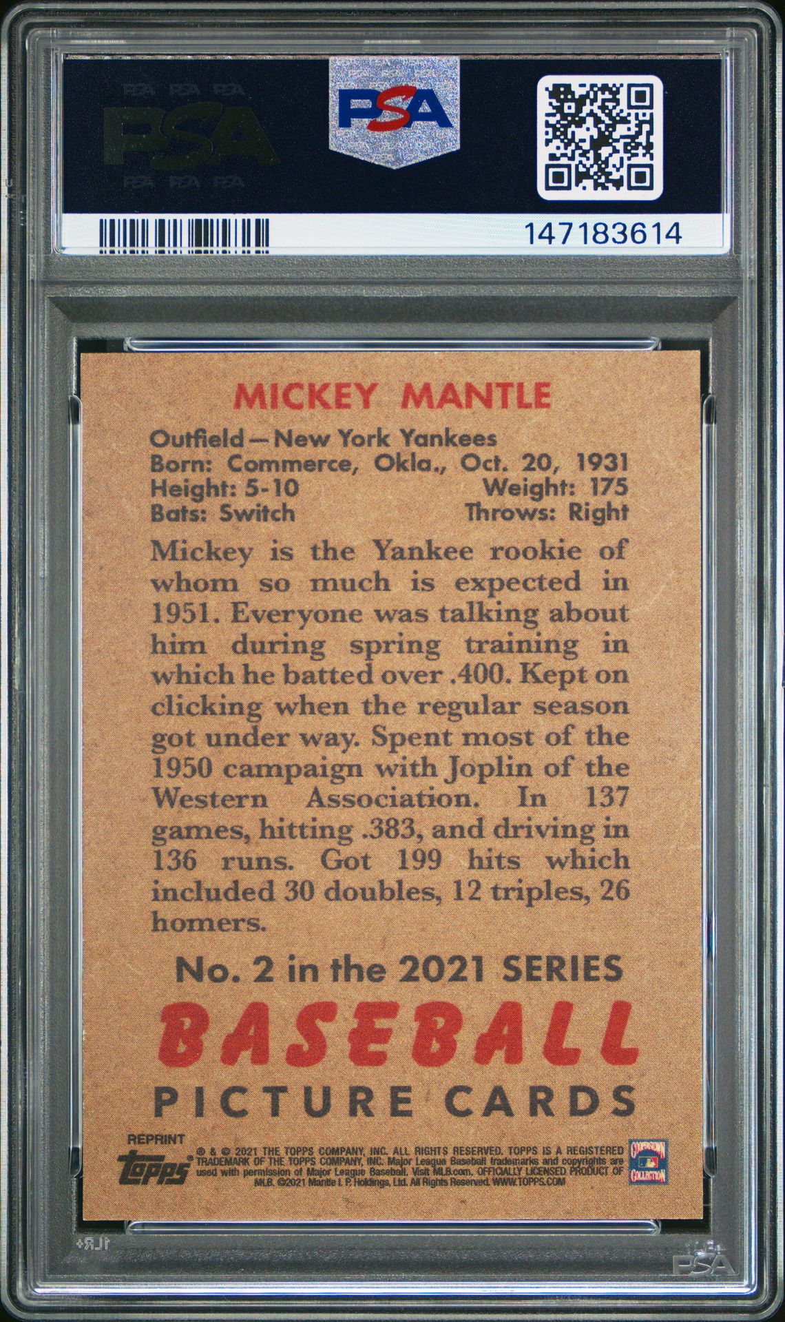 2021 Topps X Mickey Mantle Collection Mickey Mantle #2 Mint 9 back