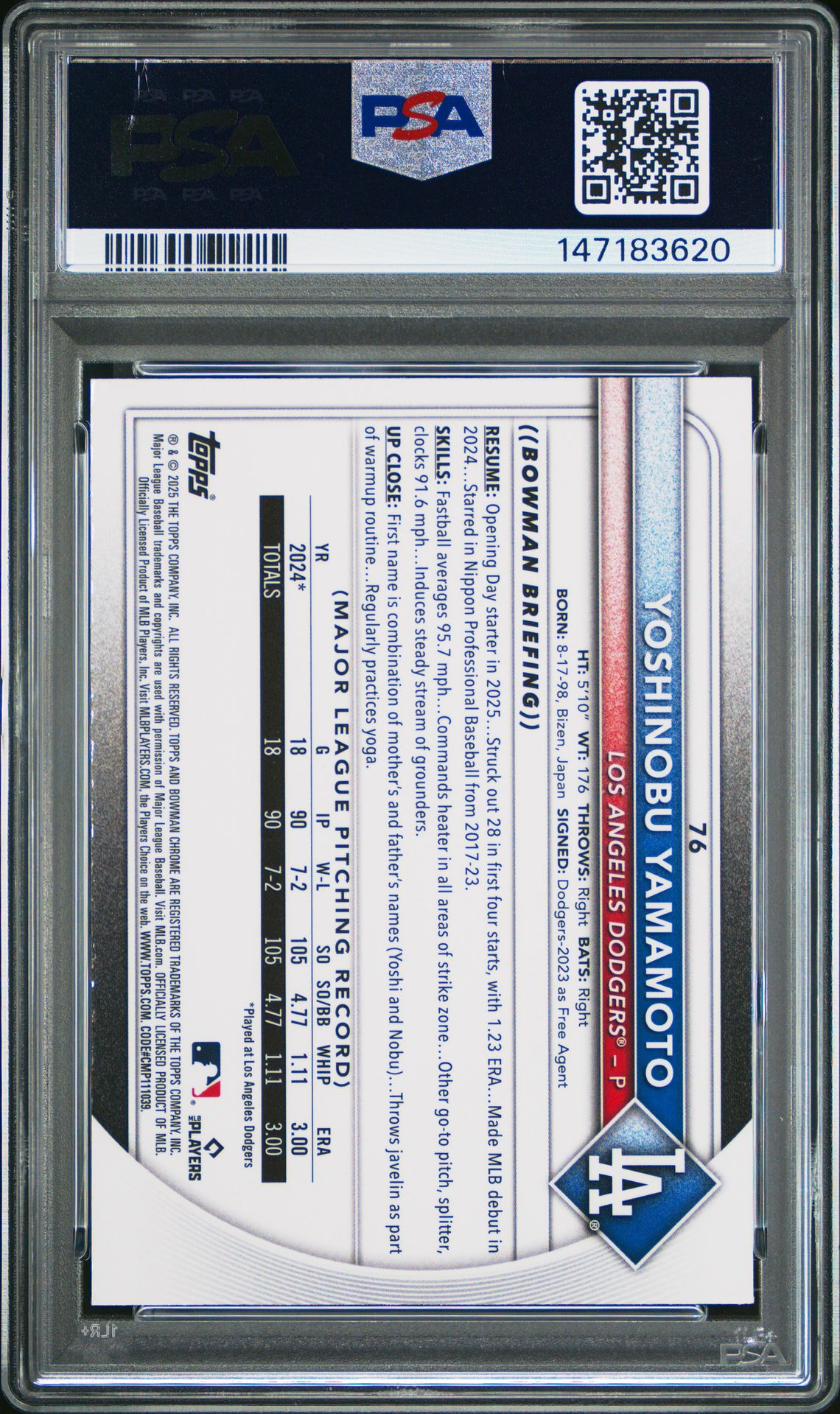 2025 Bowman Chrome Mega Box Yoshinobu Yamamoto #76 Mint 9 back