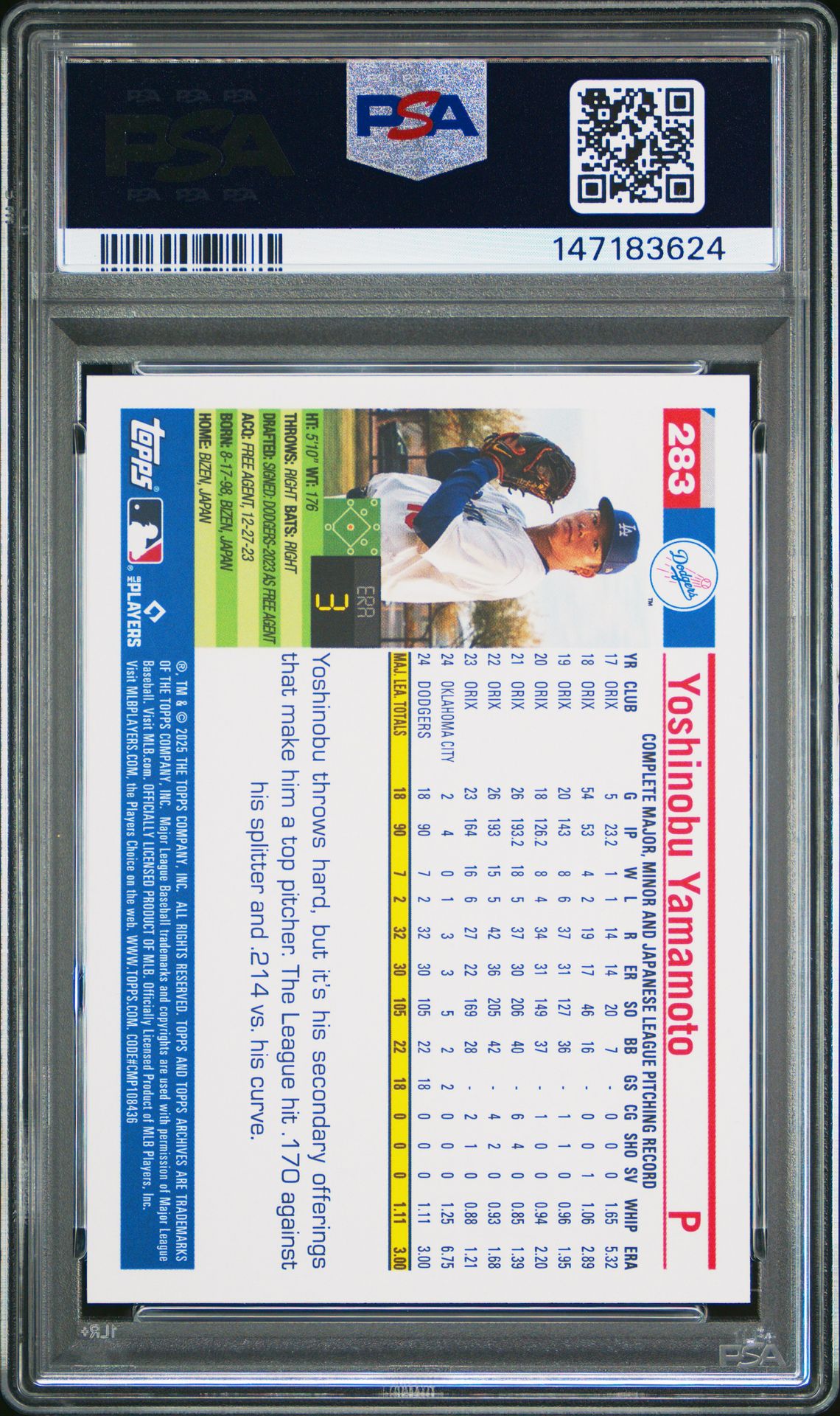 2025 Topps Archives Yoshinobu Yamamoto #283 Gem Mt 10 back