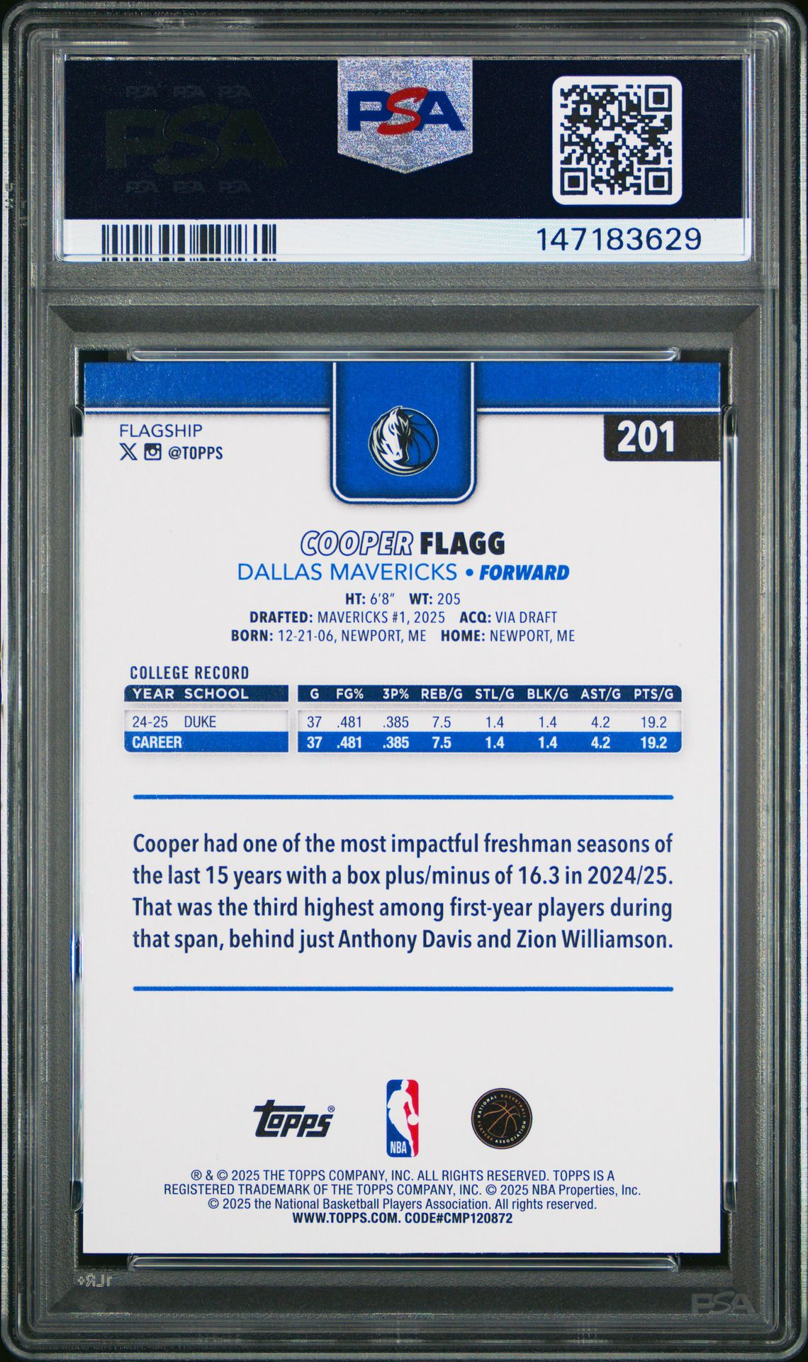 2025 Topps Cooper Flagg #201 Gem Mt 10 back