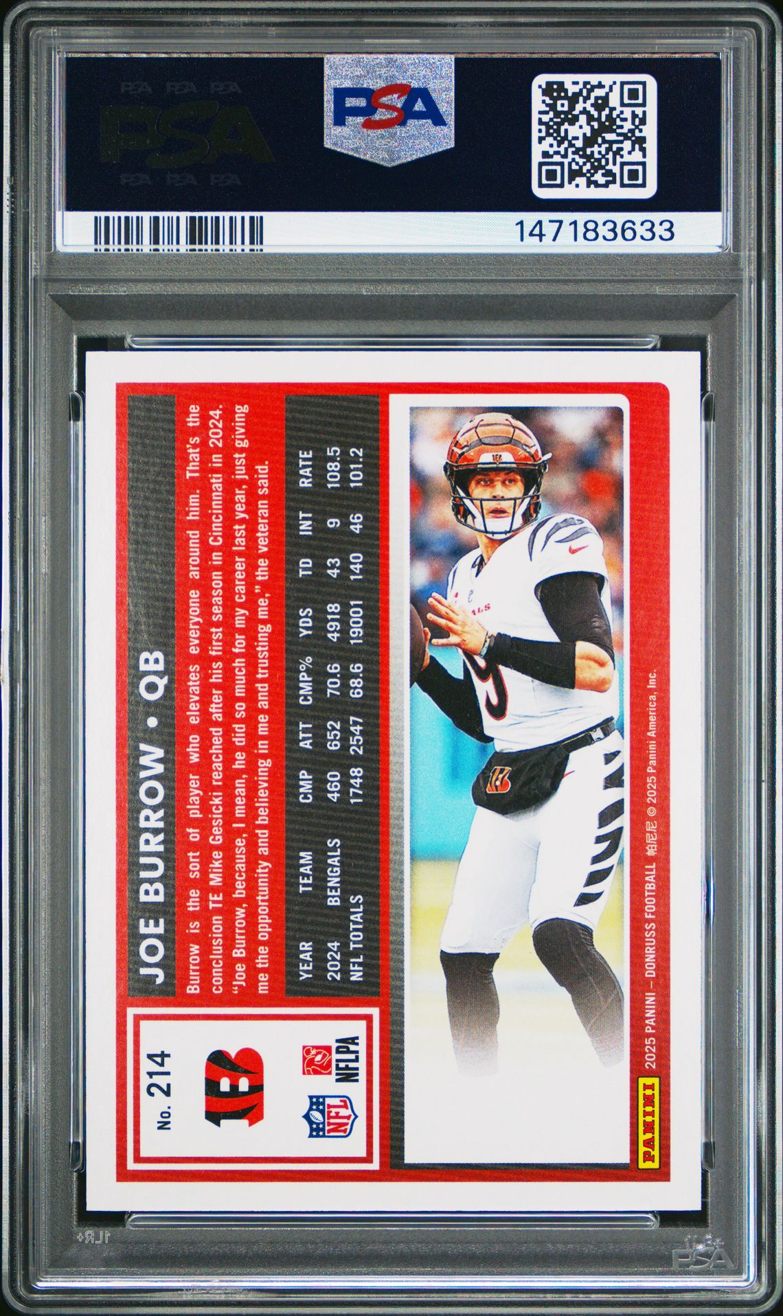 2025 Panini Donruss Joe Burrow #214 (Press Proof Gold) Mint 9 back