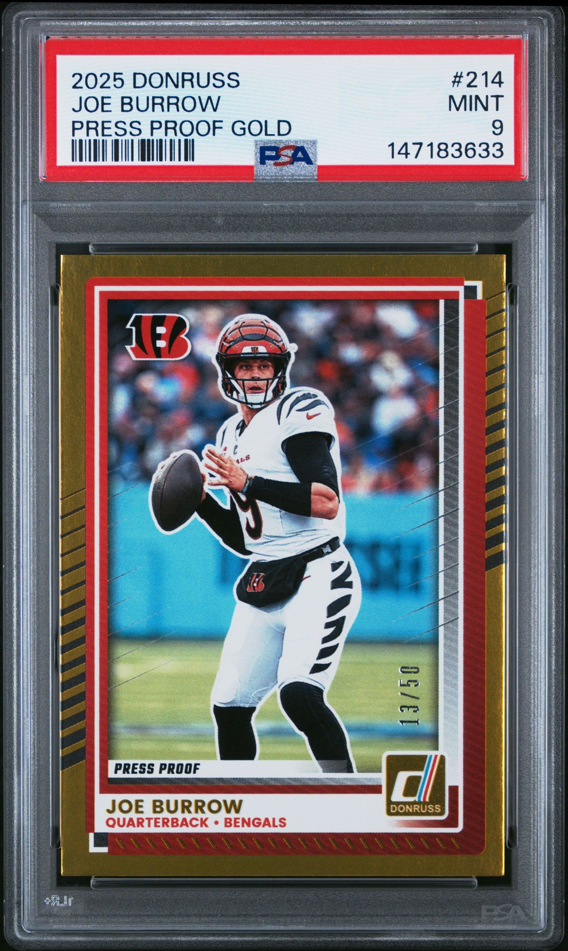 2025 Panini Donruss Joe Burrow #214 (Press Proof Gold) Mint 9 front