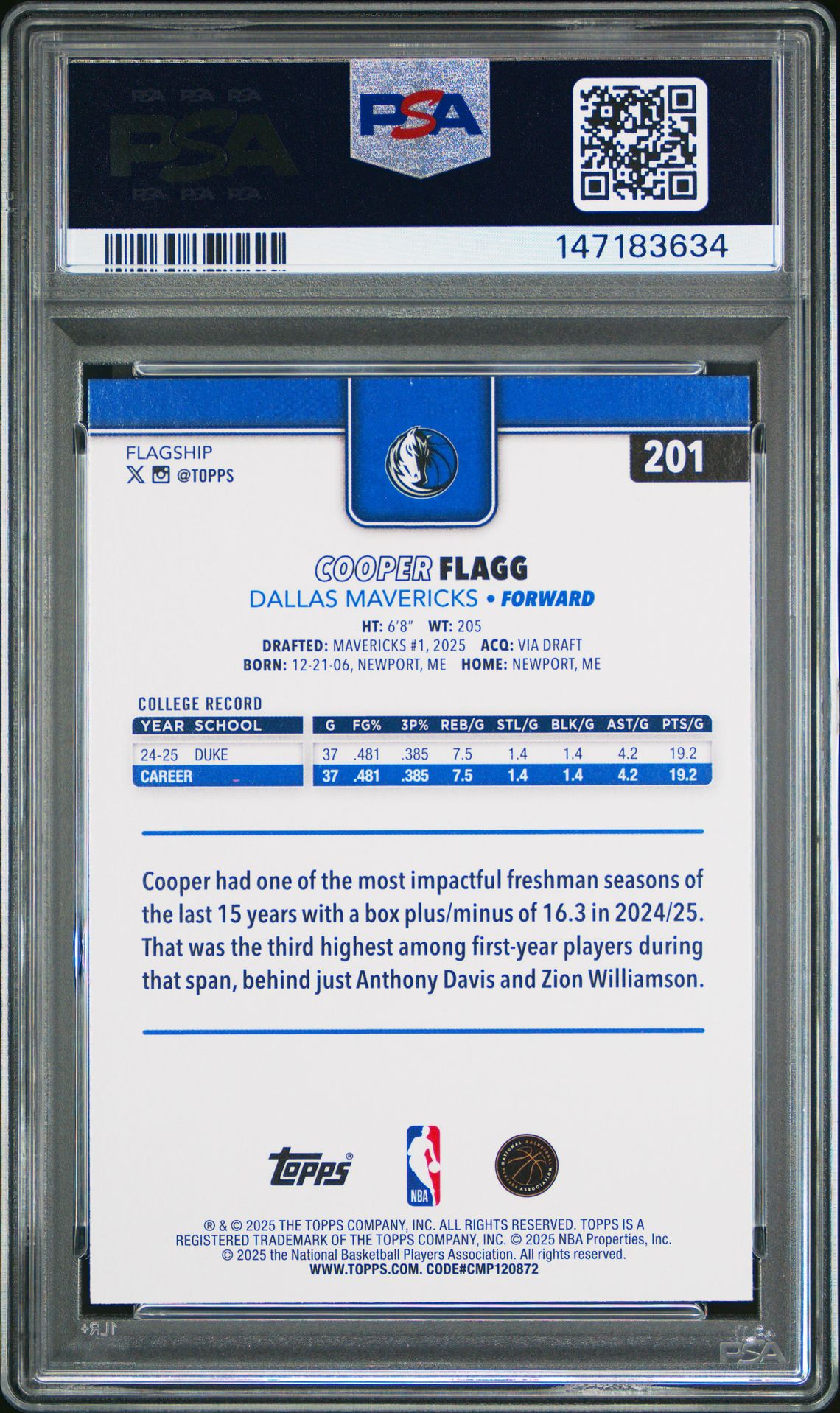 2025 Topps Cooper Flagg #201 Nm-Mt 8 back