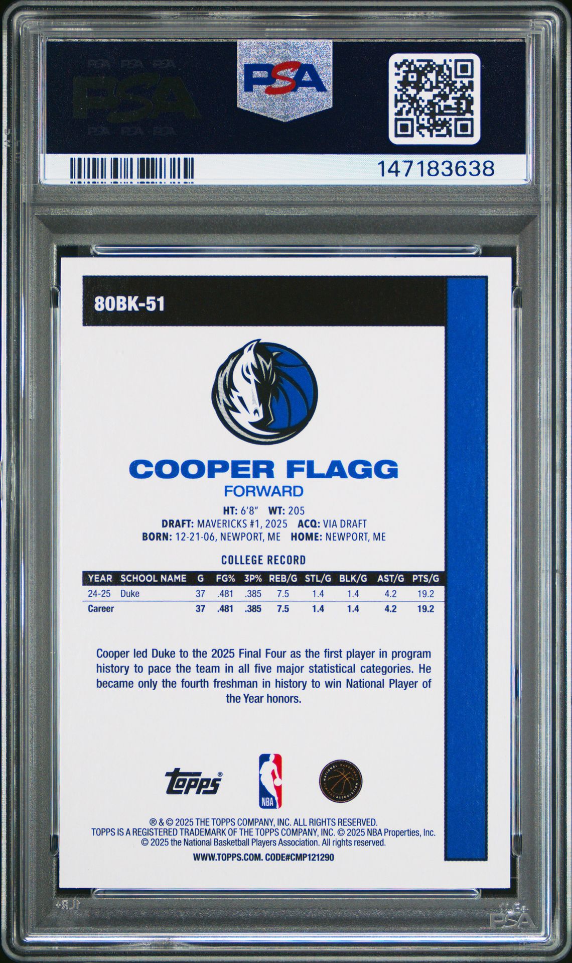 2025 Topps 1980-81 Topps Basketball Cooper Flagg #80Bk-51 Mint 9 back
