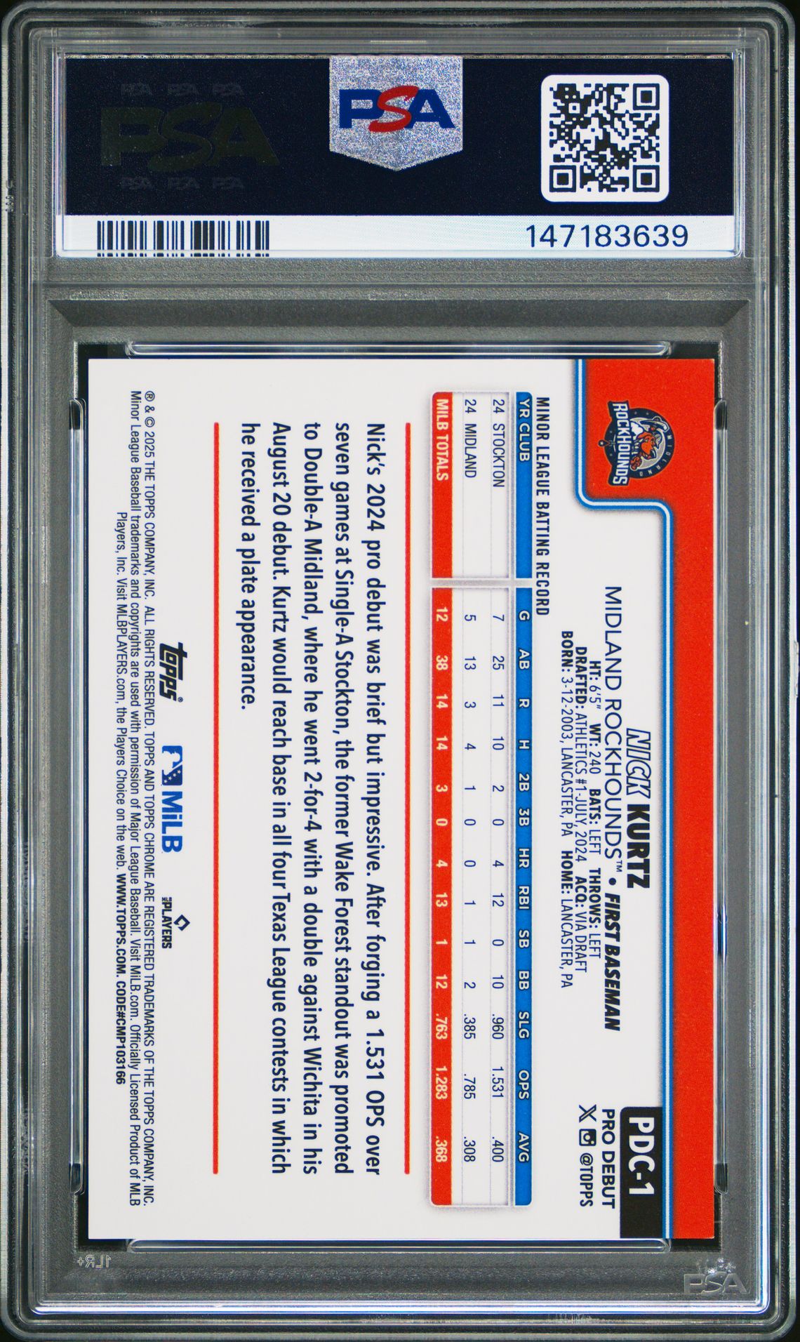 2025 Topps Pro Debut Nick Kurtz #1 (Chr-Gold Mini Diamond Ref) Mint 9 back