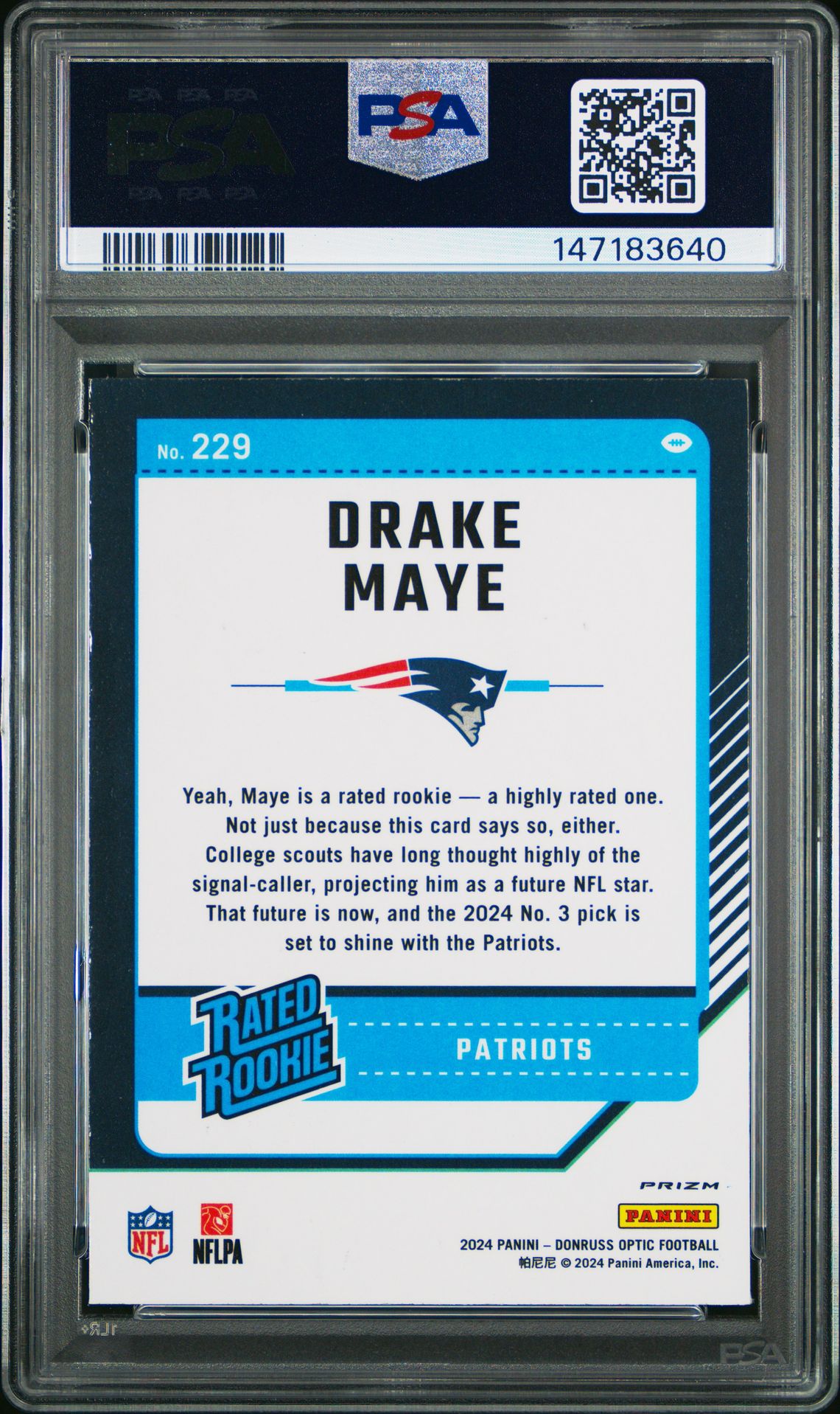 2024 Panini Donruss Optic Drake Maye #229 (Blue Hyper) Gem Mt 10 back