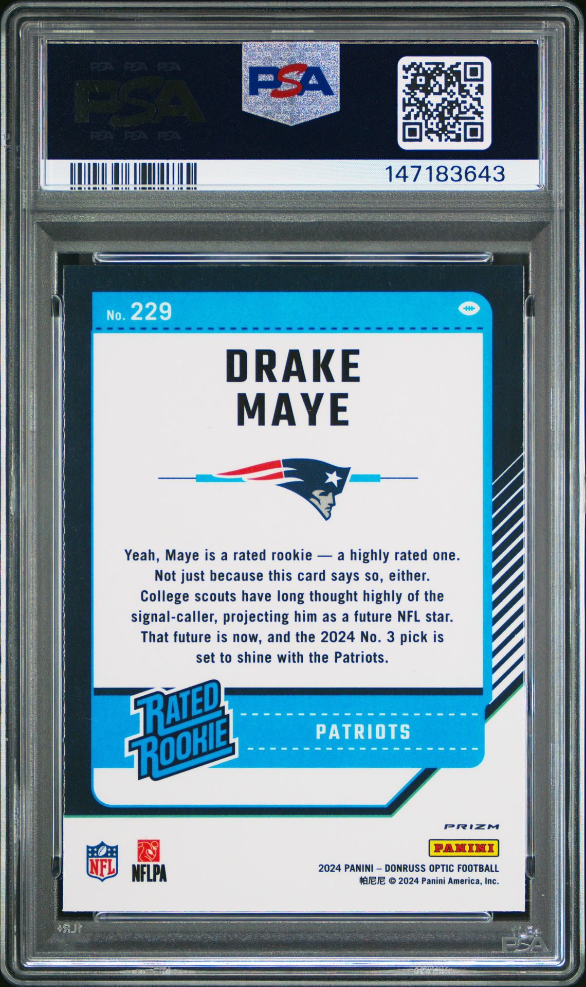 2024 Panini Donruss Optic Drake Maye #229 (Holo) Mint 9 back