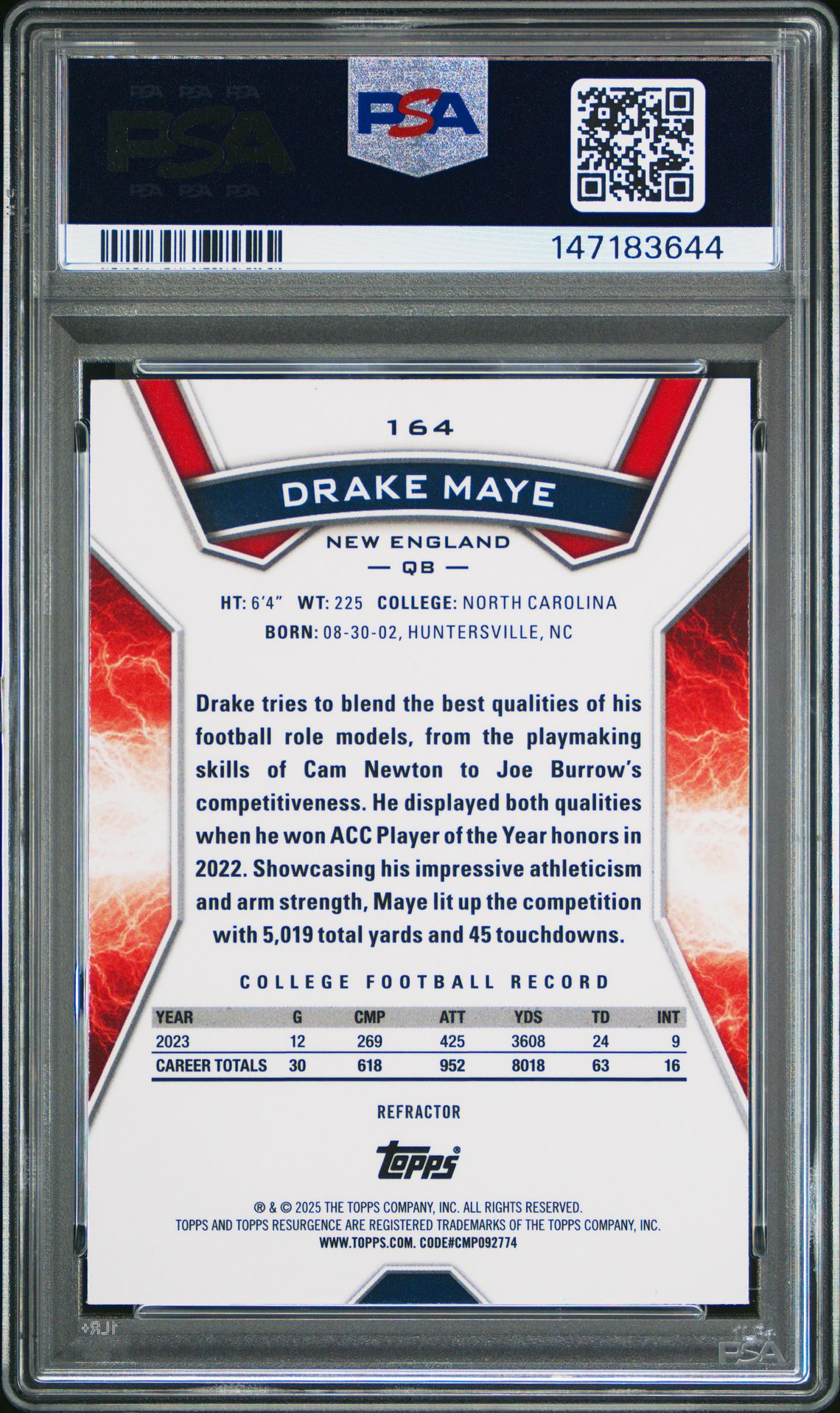 2024 Topps Resurgence Drake Maye #164 (Refractor) Gem Mt 10 back