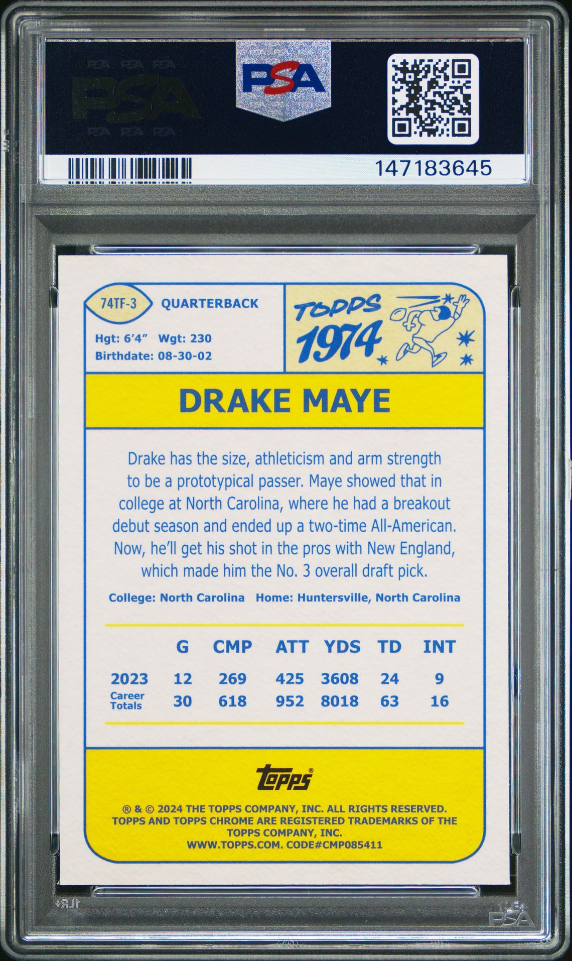 2024 Topps Chrome 1974 Topps Football Drake Maye #74Tf3 Mint 9 back