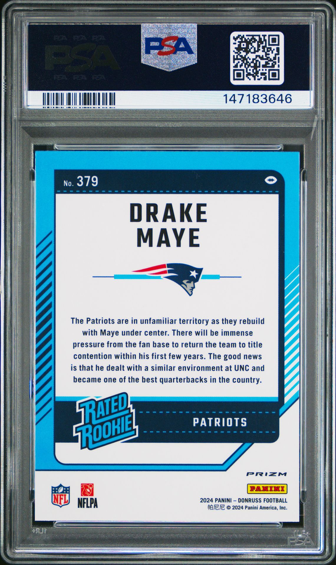 2024 Panini Donruss Drake Maye #379 (Optic Preview-Pink) Gem Mt 10 back