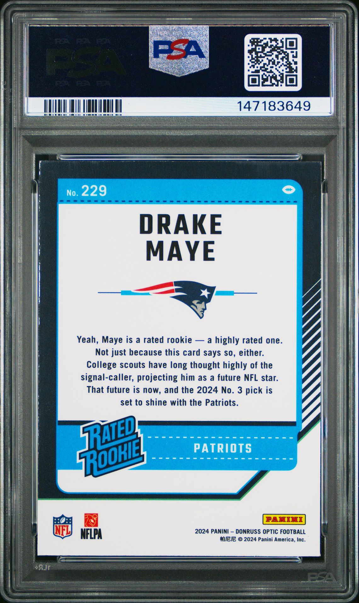 2024 Panini Donruss Optic Drake Maye #229 Gem Mt 10 back