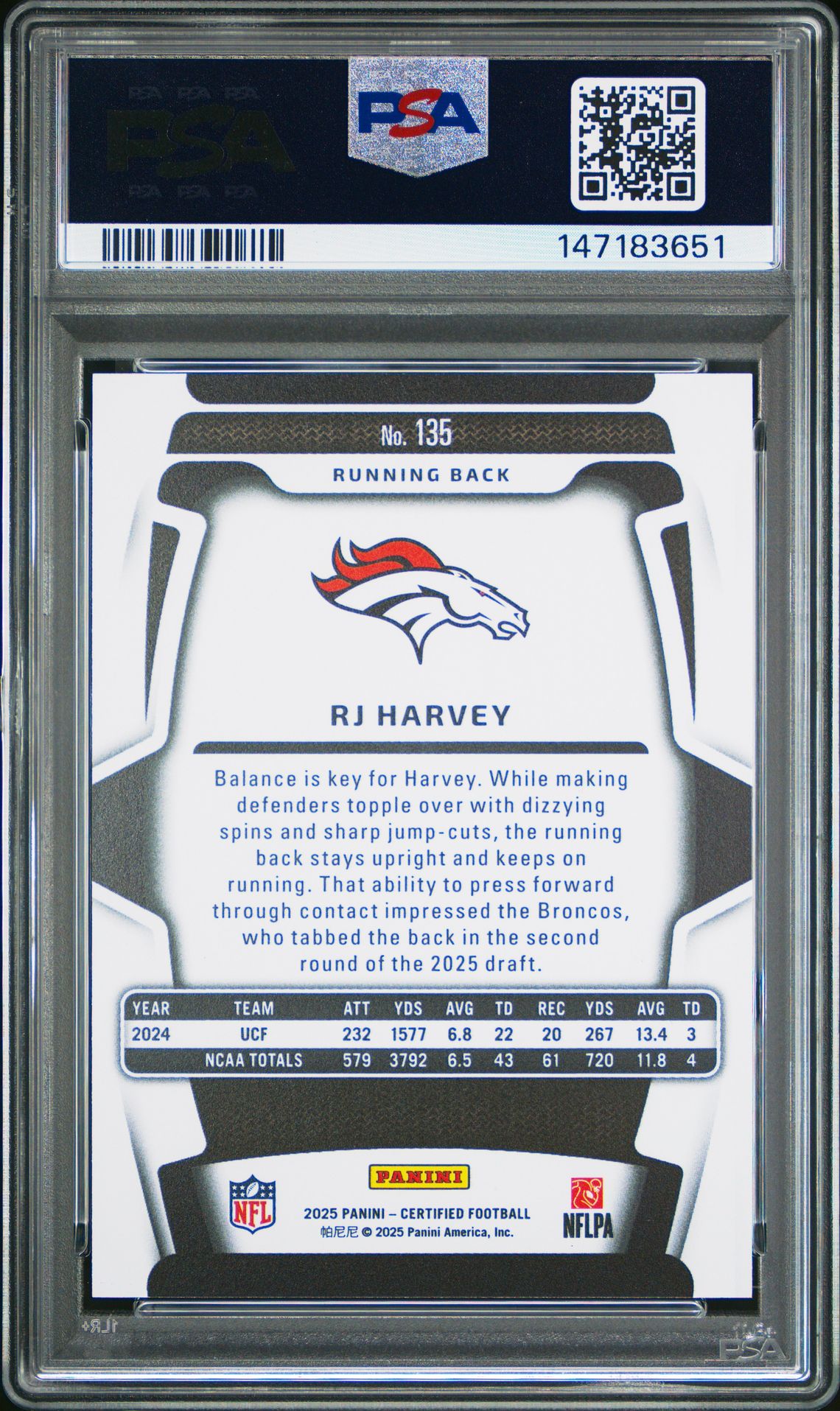 2025 Panini Certified Rj Harvey #135 (Mirror Gold) Gem Mt 10 back