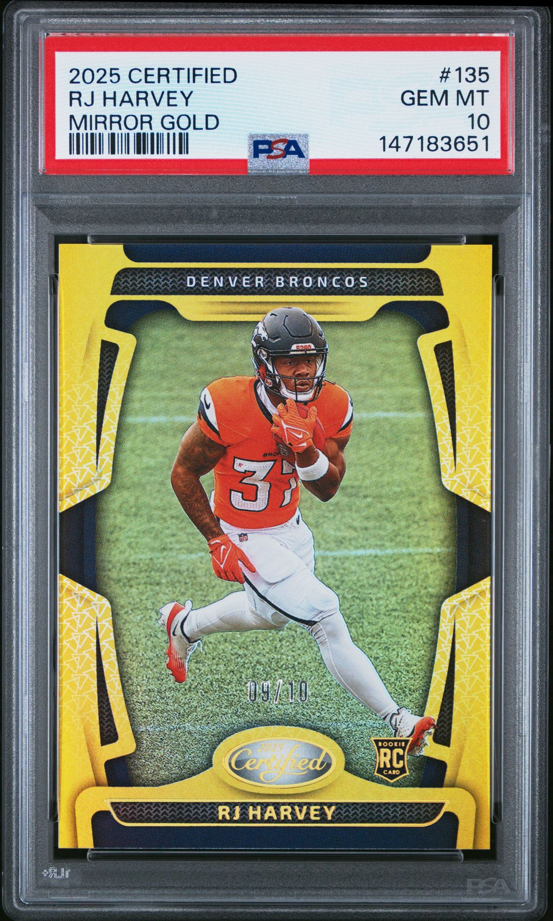 2025 Panini Certified Rj Harvey #135 (Mirror Gold) Gem Mt 10 front