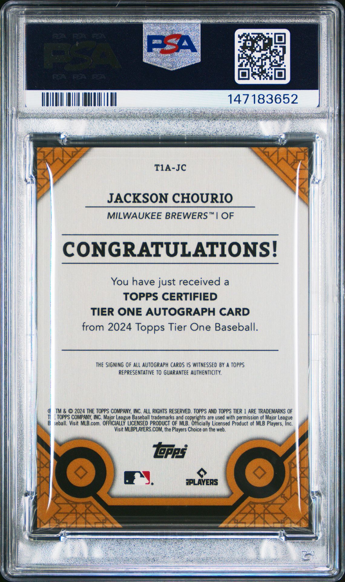 2024 Topps Tier One Autographs Jackson Chourio #T1Ajc Mint 9 back