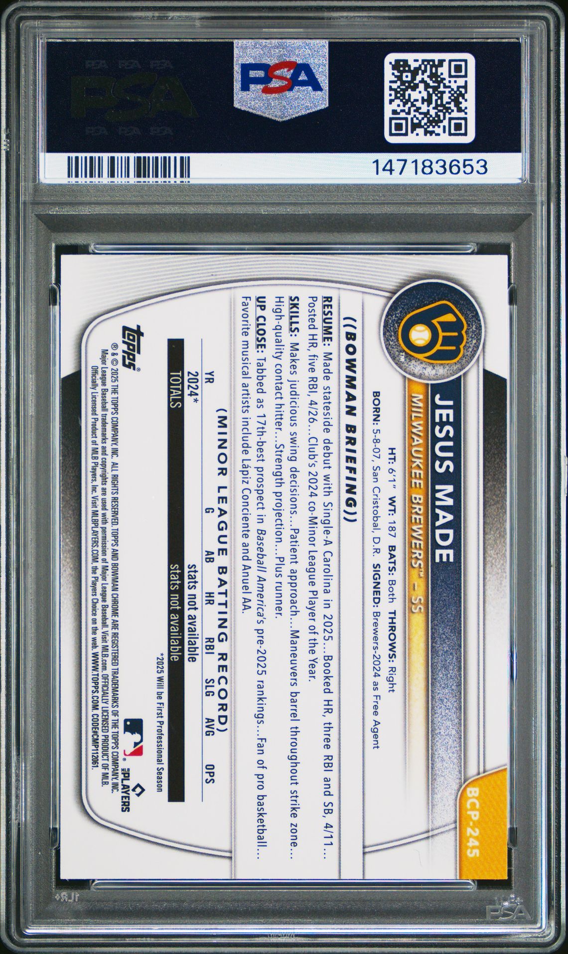 2025 Bowman Chrome Prospects Jesus Made #Bcp245 (Prospects-Yellow Ref) Gem Mt 10 back