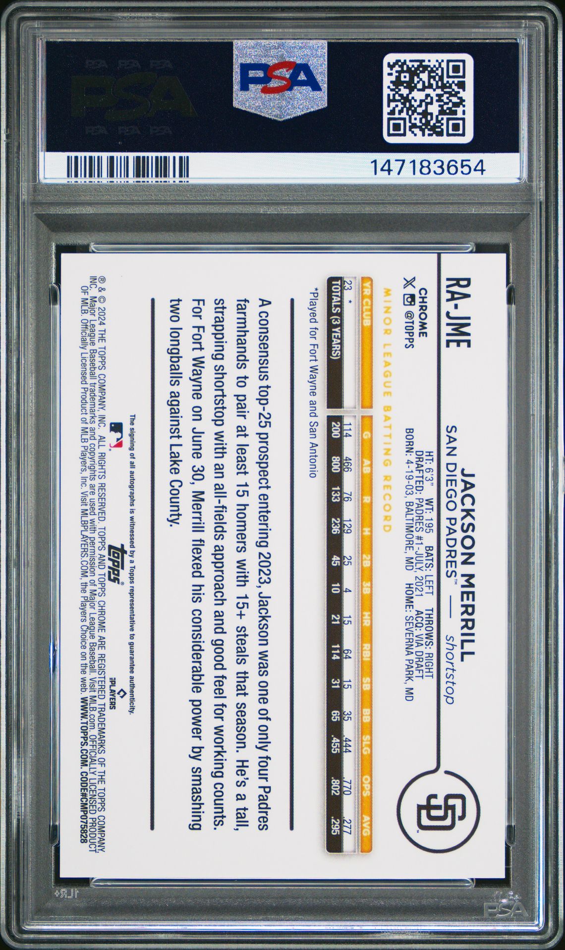 2024 Topps Chrome Rookie Autographs Jackson Merrill #Rajme Mint 9 back