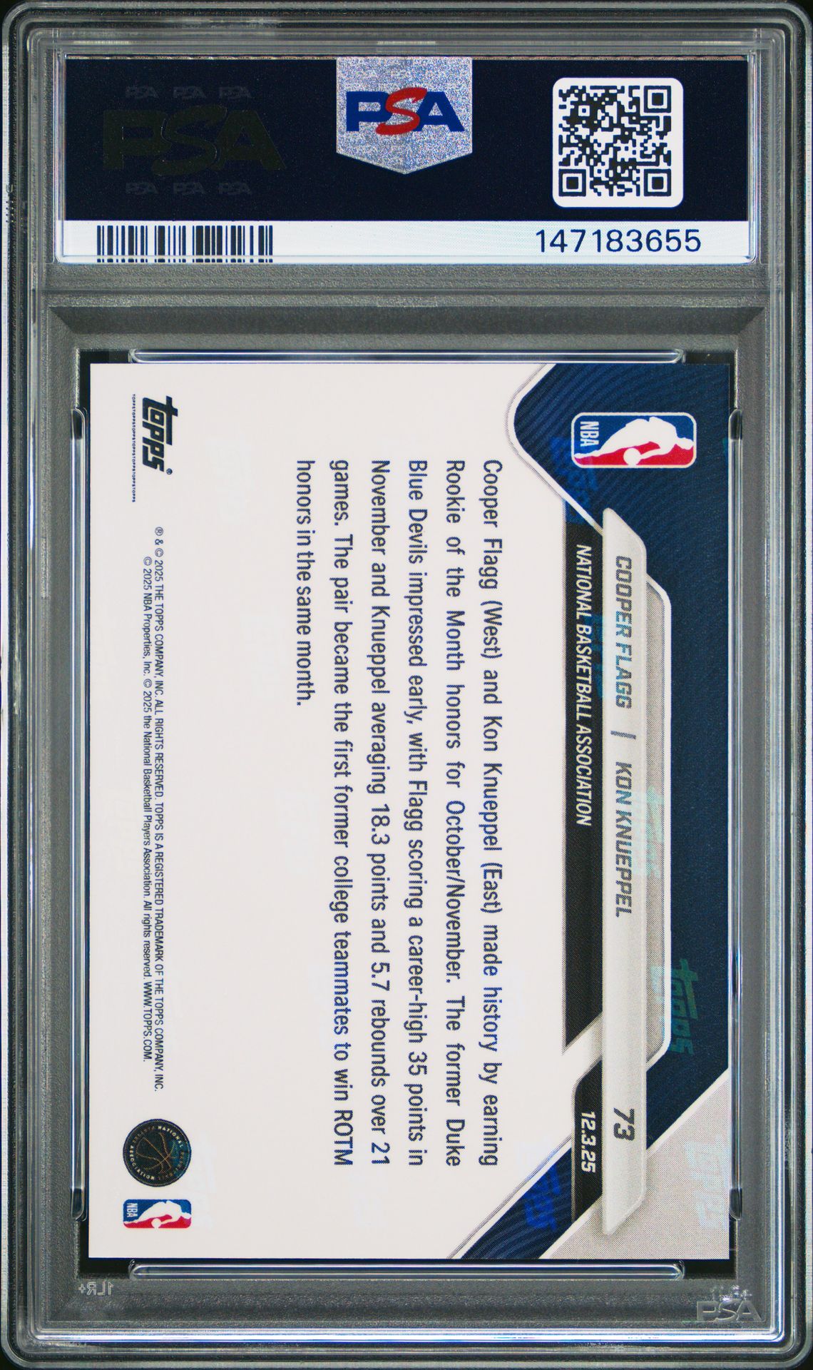 2025 Topps Now Flagg/Knueppel #73 Gem Mt 10 back