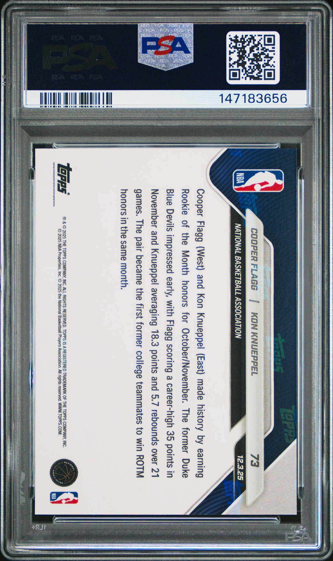 2025 Topps Now Flagg/Knueppel #73 Gem Mt 10 back