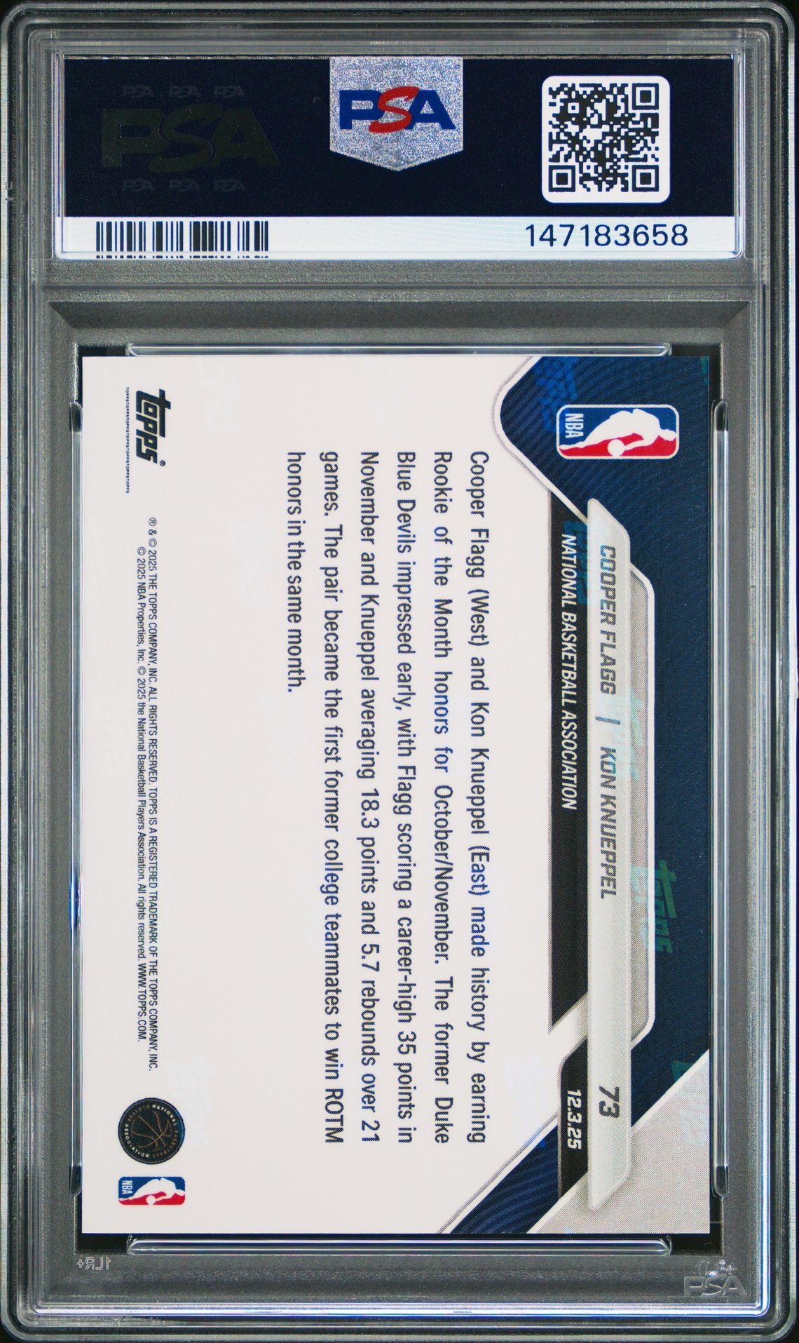 2025 Topps Now Flagg/Knueppel #73 Gem Mt 10 back