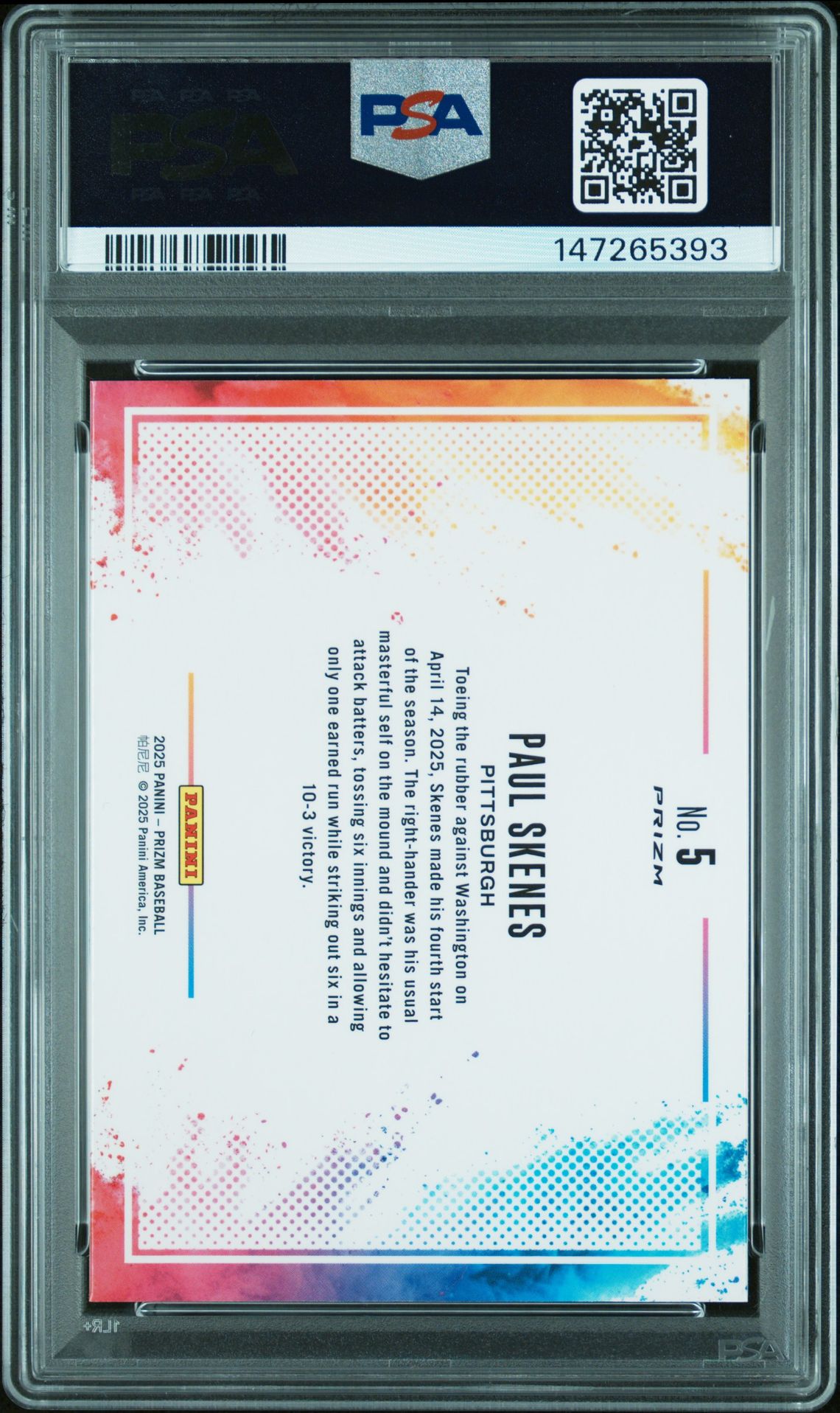 2025 Panini Prizm Color Blast Paul Skenes #5 Gem Mt 10 back