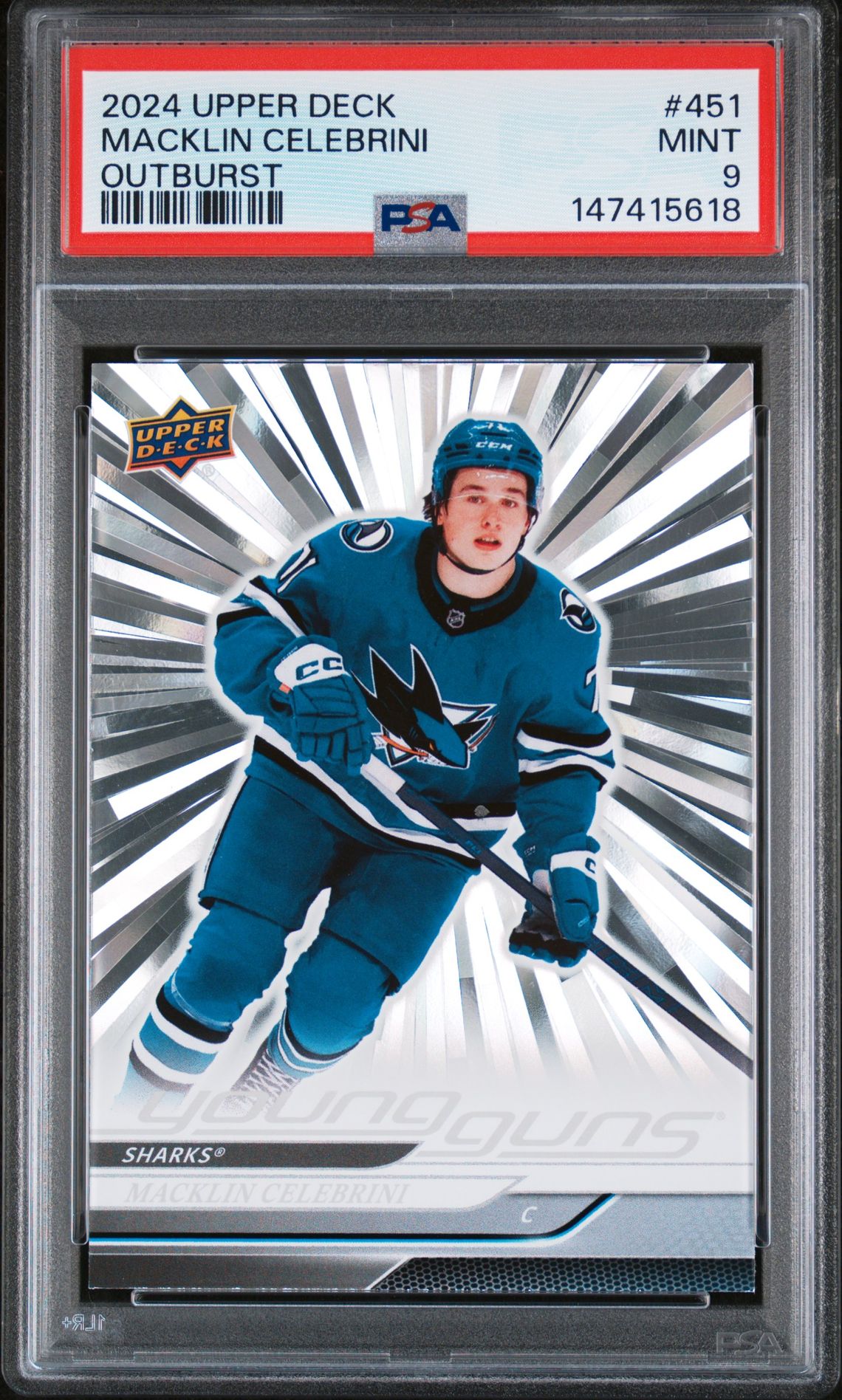 2024 Upper Deck Macklin Celebrini #451 (Outburst) Mint 9 front
