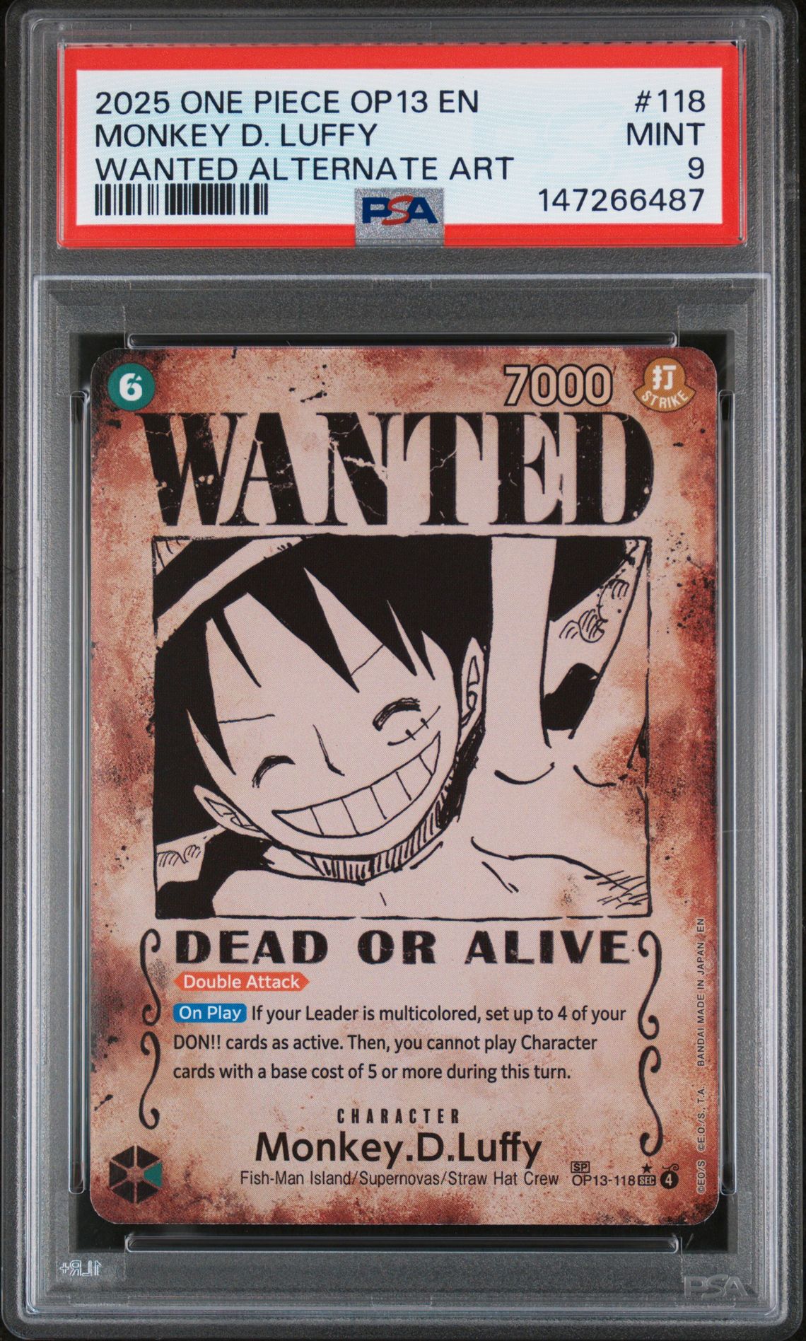 2025 One Piece Op13-Carrying On His Will Monkey D. Luffy #118 (Wanted Alternate Art) Mint 9 front