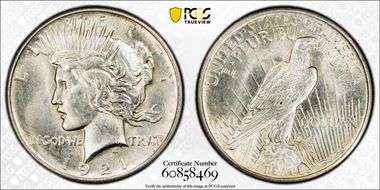 1921 $1 High Relief, Peace MS62