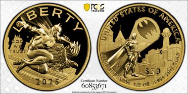 2025-W $50 DC Comics - Batman 1/2oz Au First Strike PR70DCAM