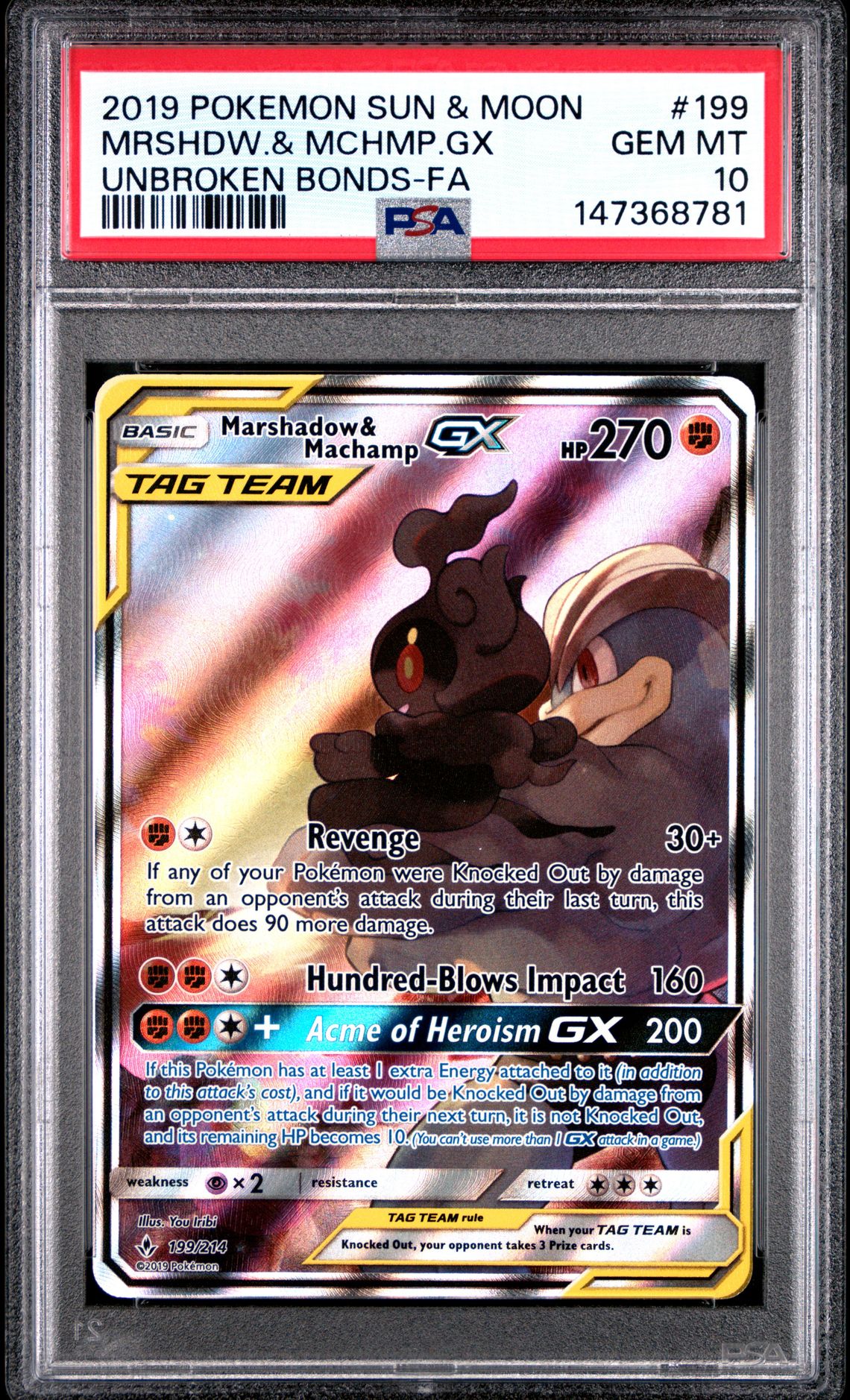 2019 Pokemon POKEMON SUN & MOON UNBROKEN BONDS FA #199 Mrshdw.& Mchmp.Gx front
