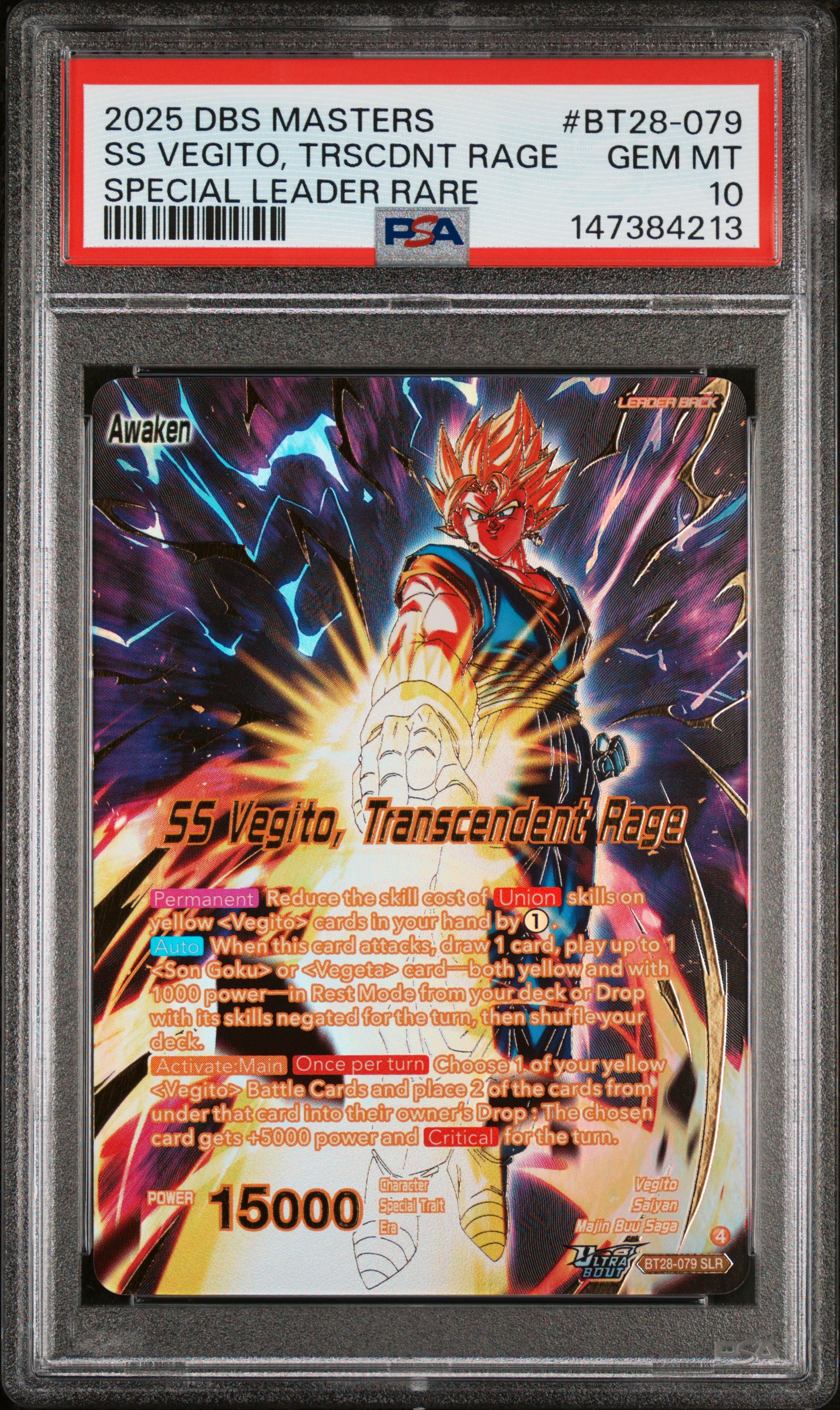 2025 #BT28-079 SS Vegito, Transcendent Rage/Vegito PSA 10 Dragon Ball Super Card Game Masters Series 28 Prismatic Clash