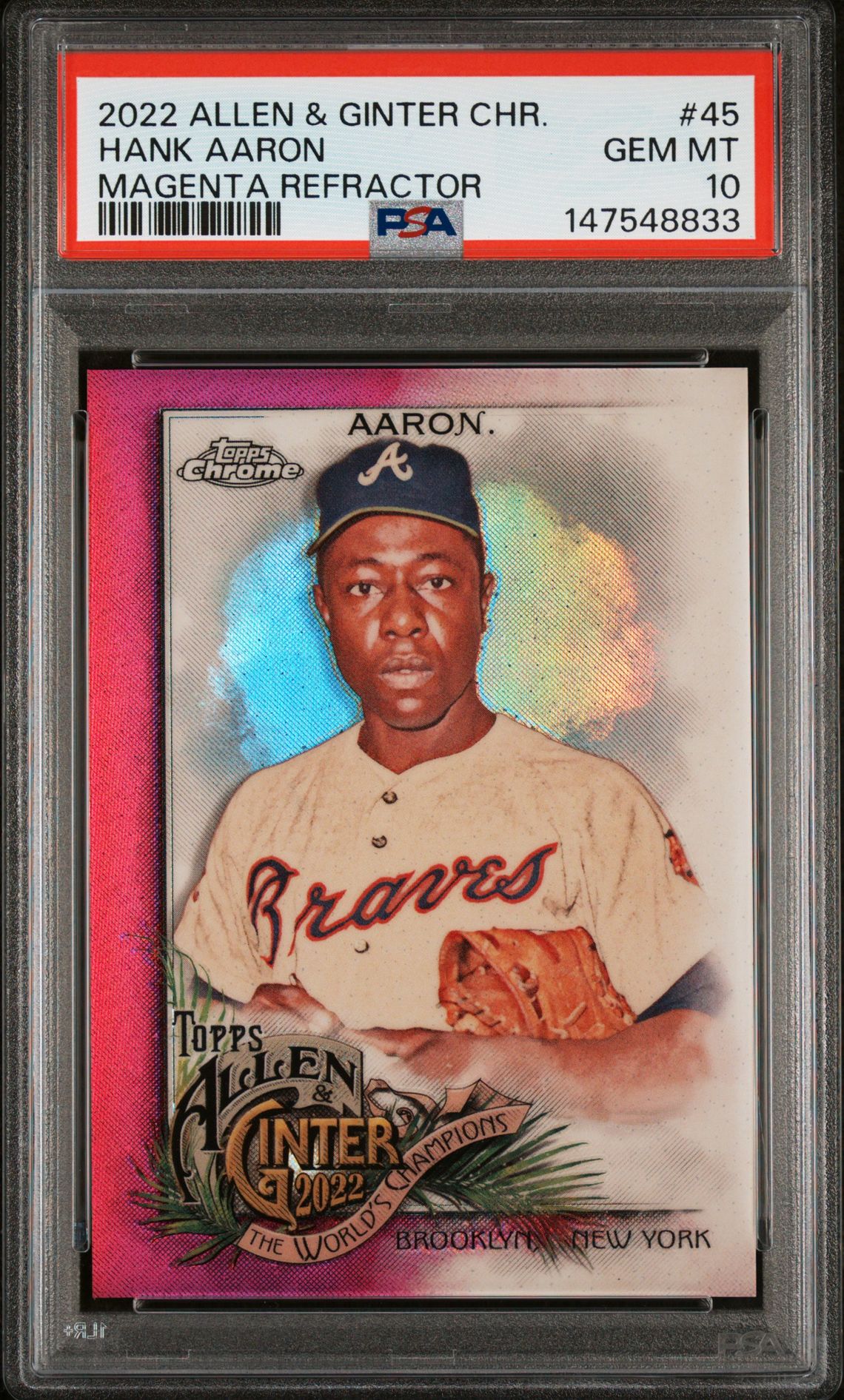 2022 Topps Allen & Ginter Chrome Hank Aaron #45 (Magenta Refractor) Gem Mt 10 front