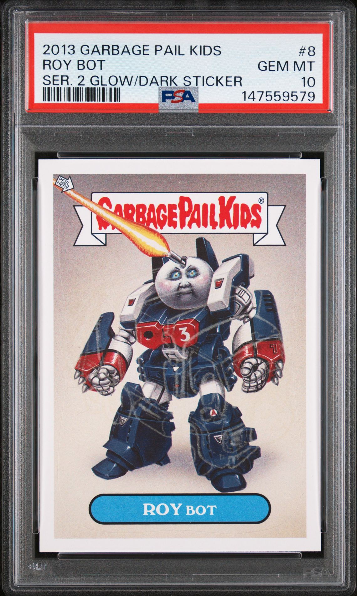 2013 Garbage Pail Kids GARBAGE PAIL KIDS SERIES 2 GLOW IN THE DARK STICKERS SER. 2 GLOW/DARK STICKER #8 Roy Bot front