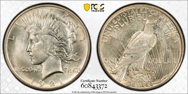 1921 $1 High Relief, Peace MS62