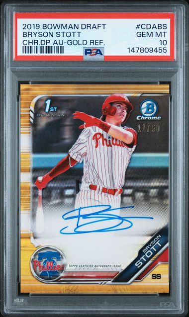2019 Bowman BOWMAN DRAFT CHROME DRAFT PICKS AUTOGRAPH CHR.DP AU-GOLD REF. #CDABS Bryson Stott front