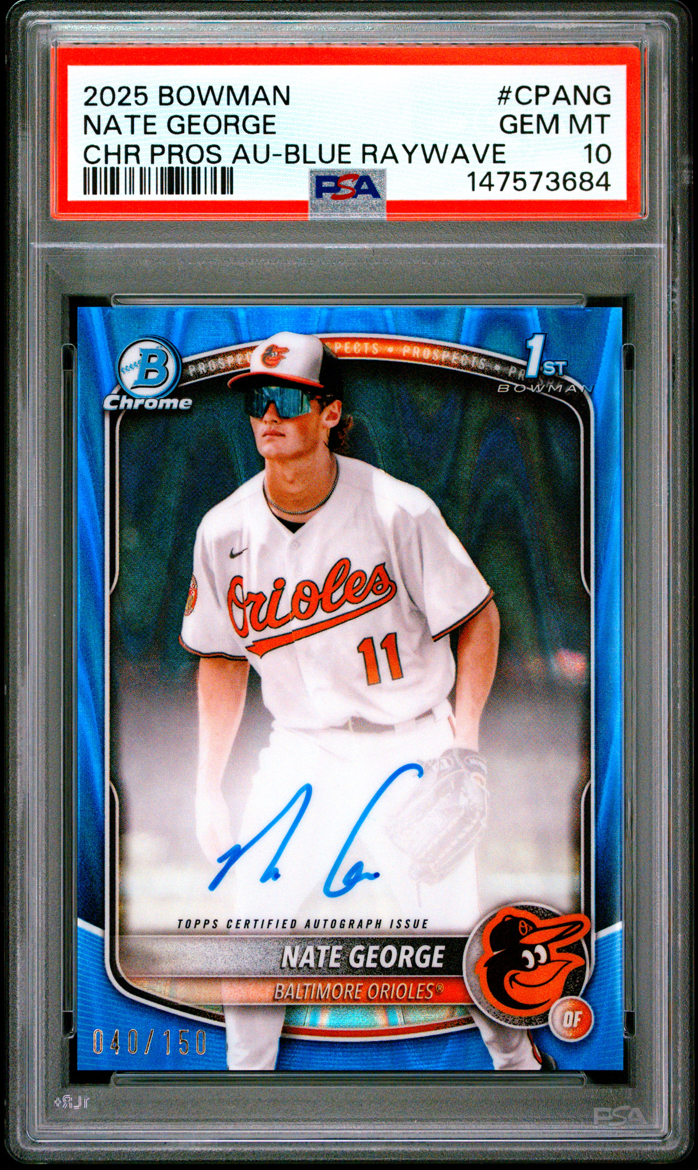 2025 Bowman Chrome Prospect Autographs Nate George Blue Raywave #CPANG PSA 10