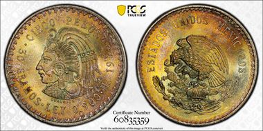 1948-Mo 5 Peso Cuauhtemoc KM-465  Ag MS66