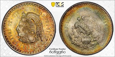 1948-Mo 5 Peso Cuauhtemoc KM-465  Ag MS66