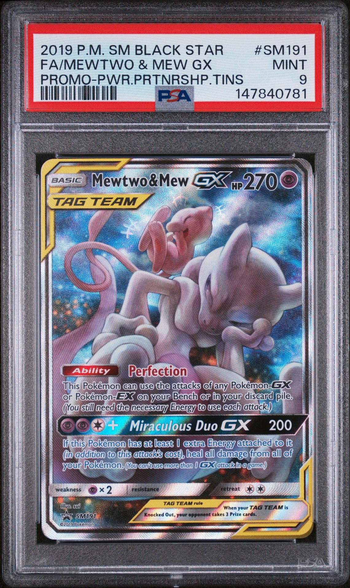 2019 Pokemon Sm Black Star Promo Fa/Mewtwo & Mew Gx #Sm191 (Promo-Pwr.prtnrshp.tins) Mint 9 front