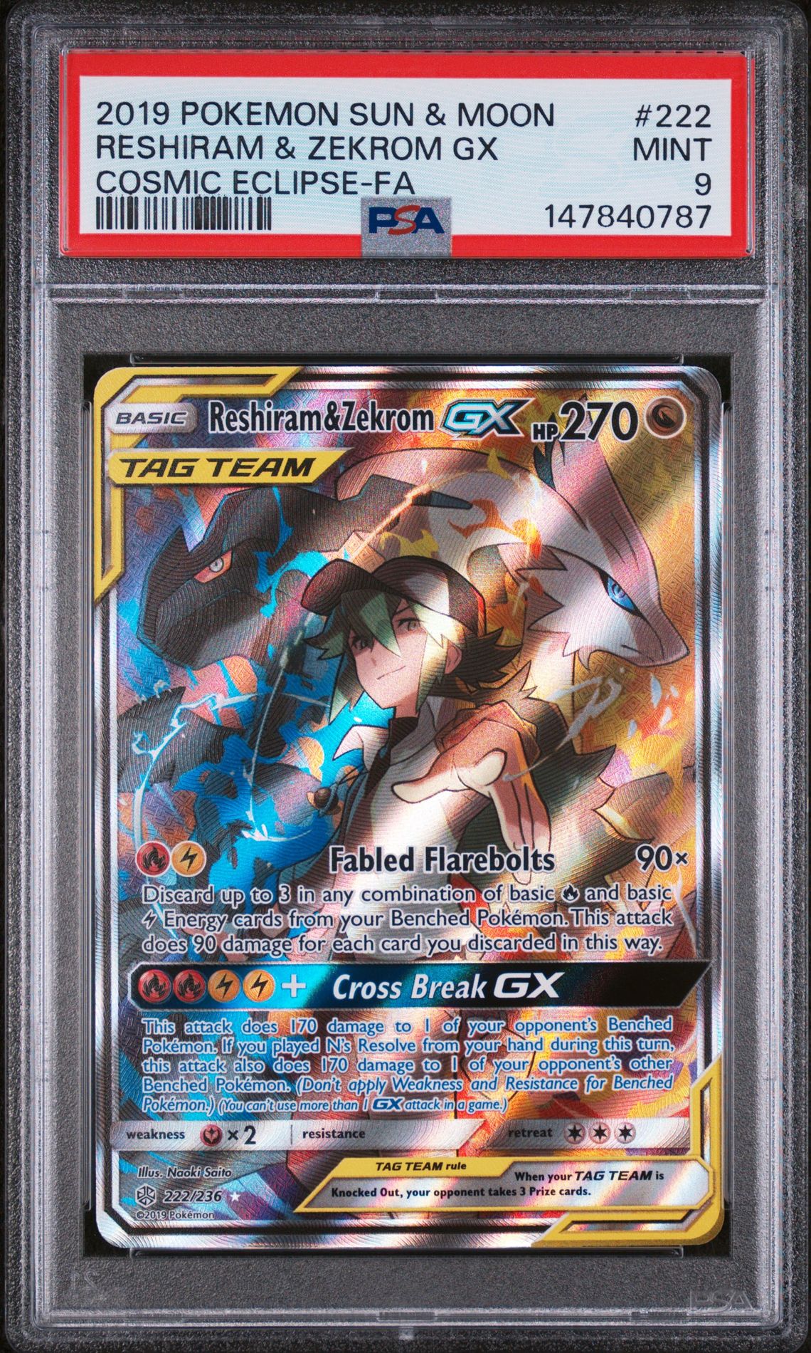 2019 Pokemon Sun & Moon Cosmic Eclipse Reshiram & Zekrom Gx #222 (Cosmic Eclipse-Fa) Mint 9 front