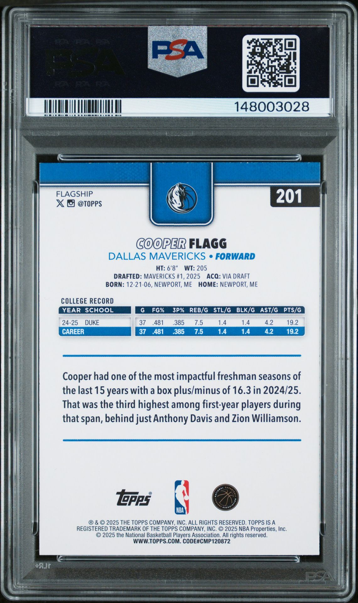 2025 Topps Cooper Flagg #201 Gem Mt 10 back view - PSA certificate #148003028