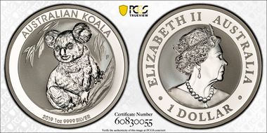 2019-P $1 Koala Ag MS70