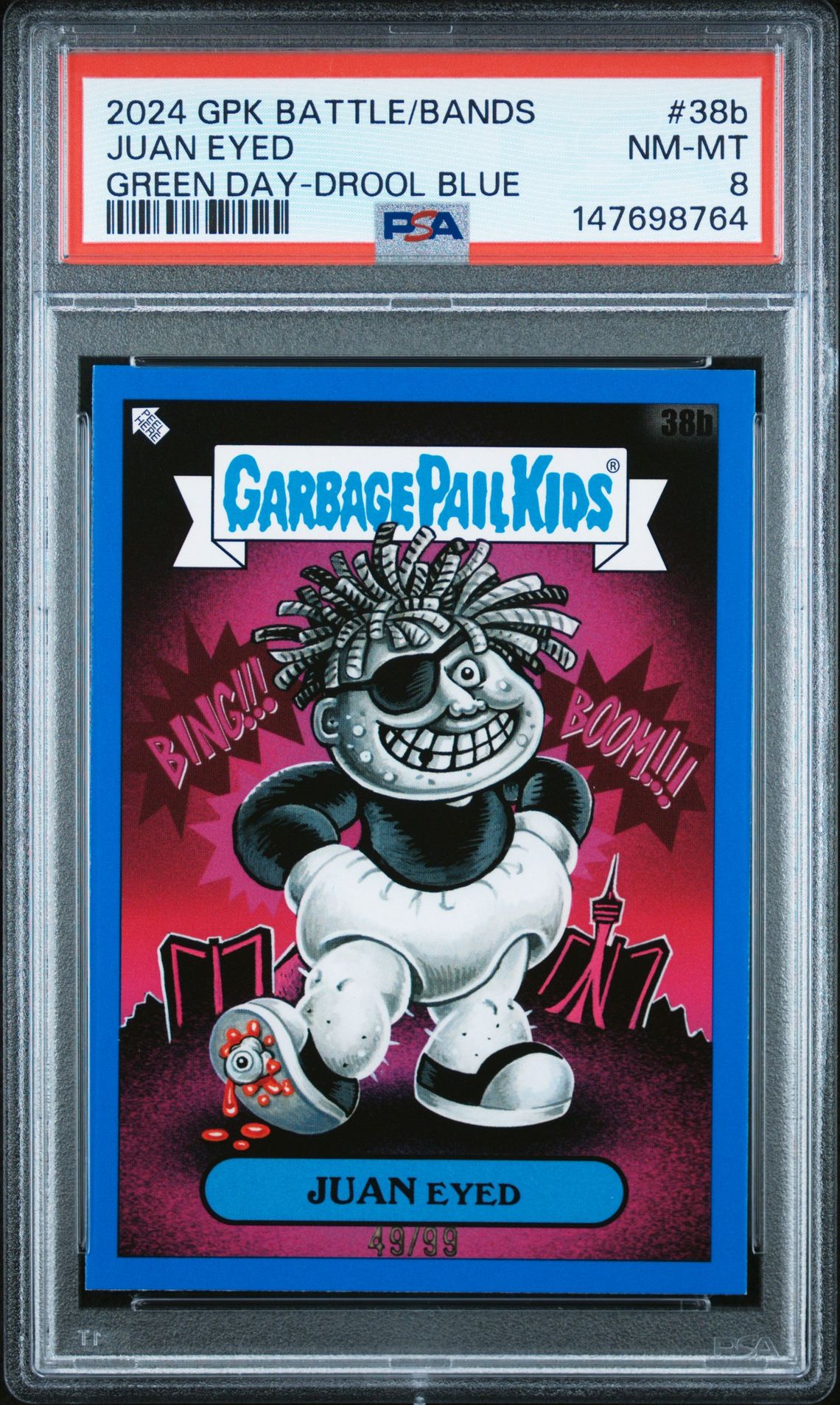 2024 Topps GARBAGE PAIL KIDS BATTLE OF THE BANDS GREEN DAY GREEN DAY-DROOL BLUE #38B Juan Eyed front