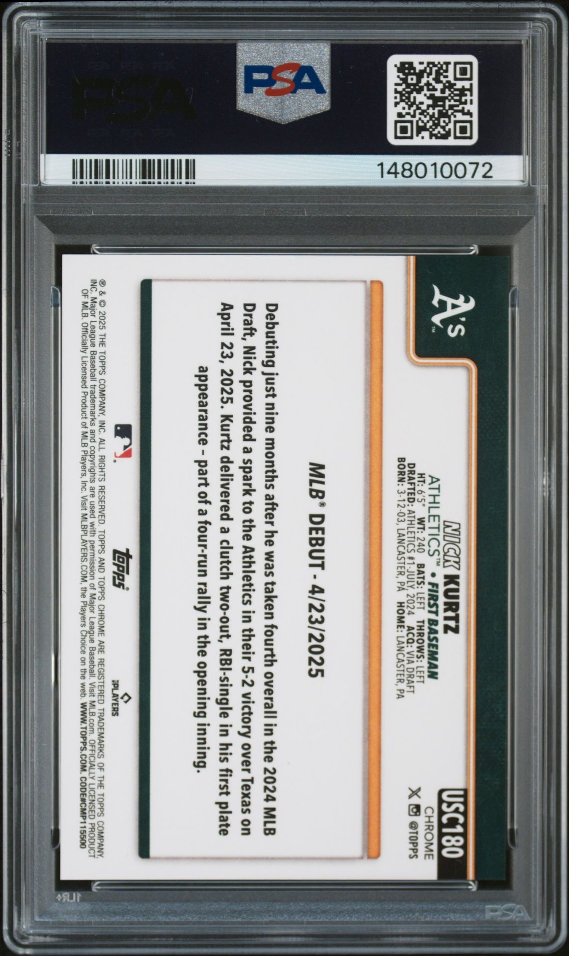 2025 Topps Chrome Update Nick Kurtz #180 (Gold Geometric) Gem Mt 10 back