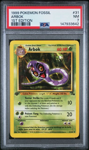 1999 Pokemon Fossil 1 Stedition 1st Edition #31 Arbok front
