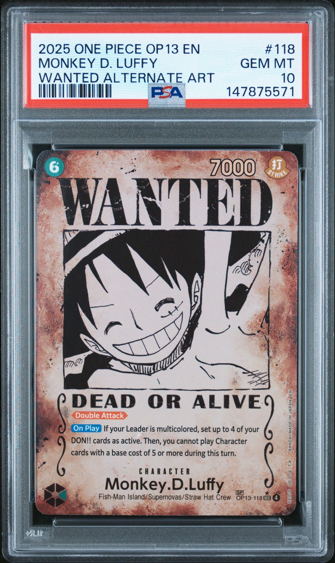 2025 One Piece Op13-Carrying On His Will Monkey D. Luffy #118 (Wanted Alternate Art) Gem Mt 10 front