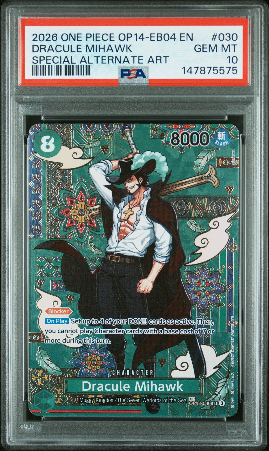 2026 One Piece Op14-Eb04-The Azure Sea's Seven Dracule Mihawk #030 (Special Alternate Art) Gem Mt 10 front
