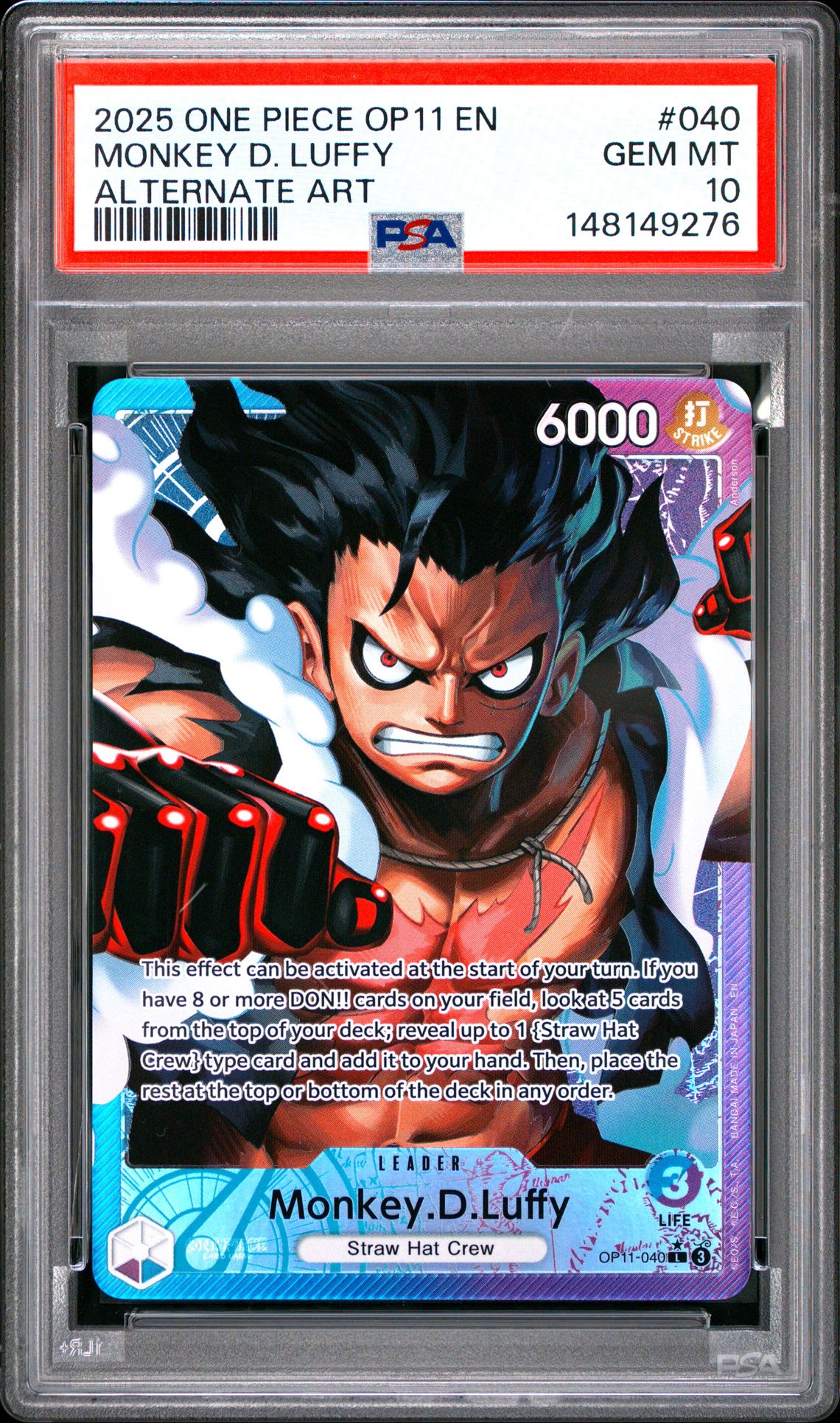 2025 One Piece Op11-A Fist Of Divine Speed Monkey D. Luffy #040 (Alternate Art) Gem Mt 10 front view - PSA graded GEM MT 10
