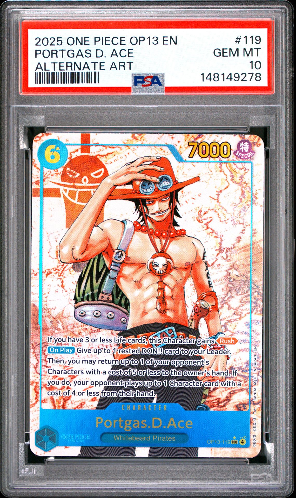 2025 One Piece Op13-Carrying On His Will Portgas D. Ace #119 (Alternate Art) Gem Mt 10 front